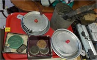 Tray of Vintage Aluminum Pans &, Pin Holders