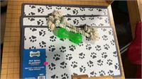 Dog bowl, placemats, chew toy, and ropes