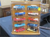 DISPLAY OF 10 CARS, WITH CASE.  ALL CLEAN NO BOXES