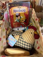 Basket with books, plush chicken, Easter decor