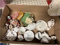 Box lot- Precious moments Mini tea set, doilies