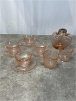 Pink depression glassware tea cup and saucers
