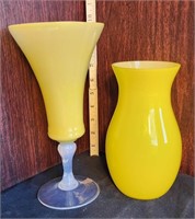 Pair of vintage yellow flower vases glass