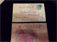 2 Rare 1900's leather post cards 1c stamp