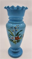 Floral Painted Blue Milk Glass Vase likely Bohemia