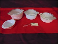 3 Pyrex Gooseberry Covered Casseroles & Pink Bowl