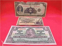 Canada Bank Notes 1935 Two 1937 One 1900 25 Cent