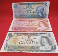 1970's Canada Bank Notes 1-2-5 Dollar Bills Set