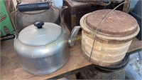 Vintage aluminum kettle and minnow bucket