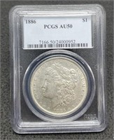 1886 slab Morgan Silver Dollar, PCGS AU50
