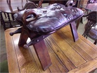Leather and Oak Camel Bench with Brass