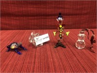 4 pc, Murano glass clown 3” and frog, crystal