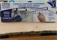 Nook hooks under shelf hooks storage
