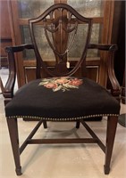 Carved Mahogany Shield Back Needlepoint Seat Chair