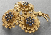 18K Yellow Gold Sapphire Three Flower Pin / Brooch