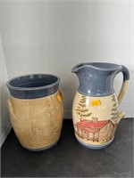 Pottery Crock and pitcher, signed and numbered
