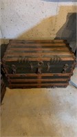 Large flat top steamer trunk, wood slats, with