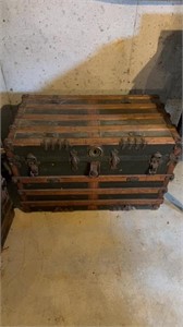 Large flat top steamer trunk, wood slats, with