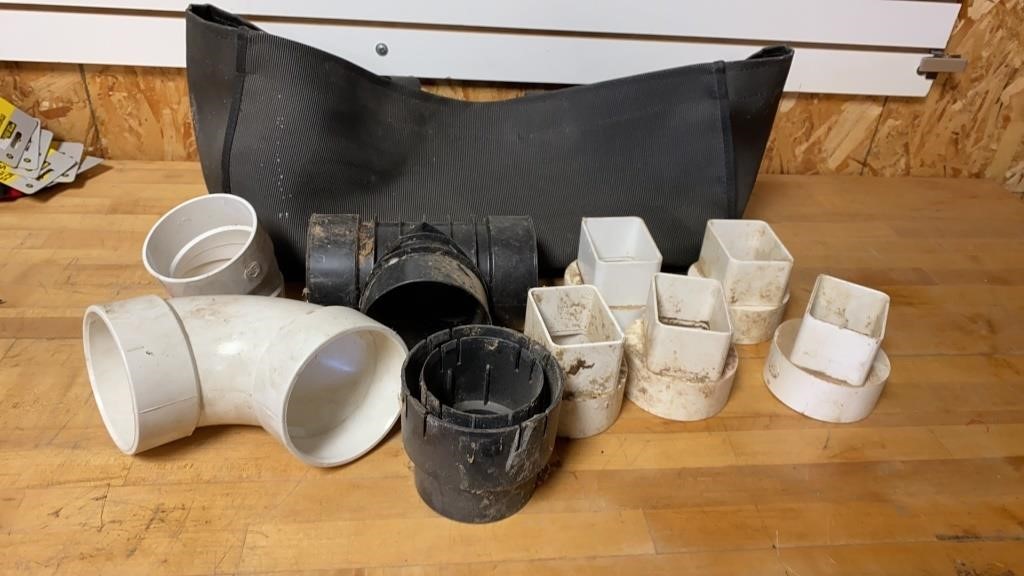 Assorted PVC Drain Fittings and Canvas Wood Bag