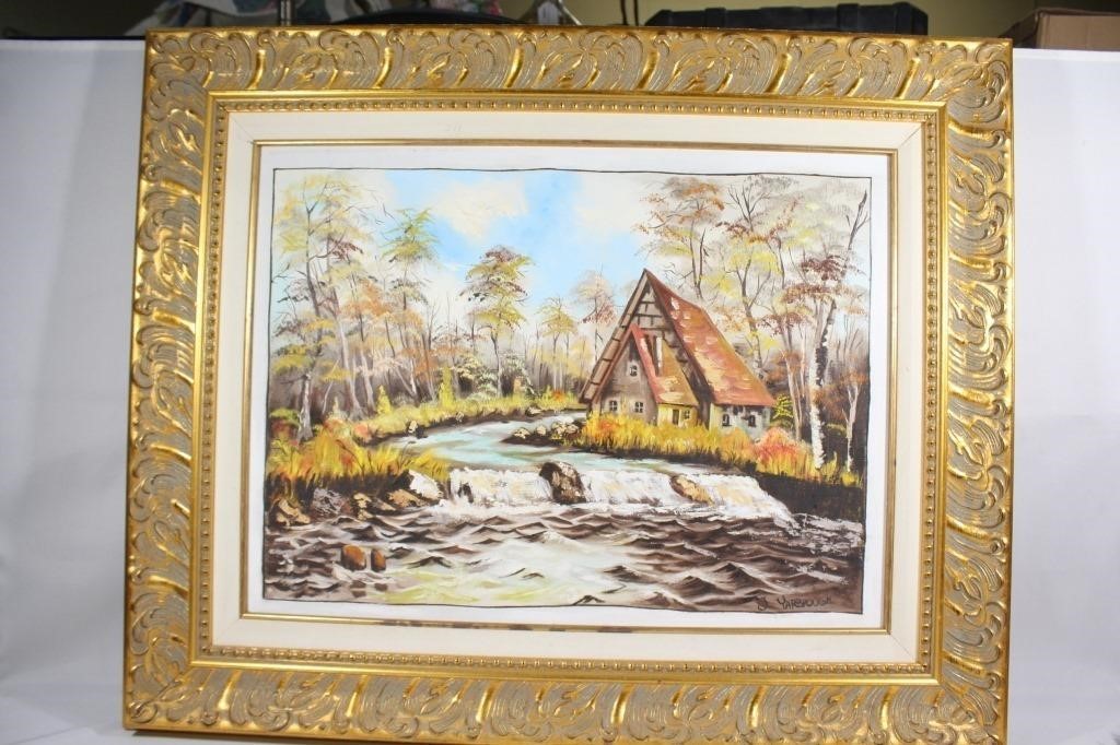 Signed Large Oil on Canvas Riverside Scene