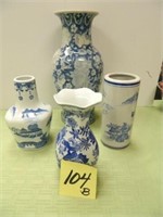 4 Blue & White Oriental Vases