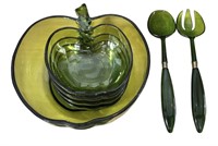 Vintage Green Glass Salad Mixing Bowl & 6