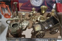 BRASS CAR, TEAPOT & CANDLEHOLDERS