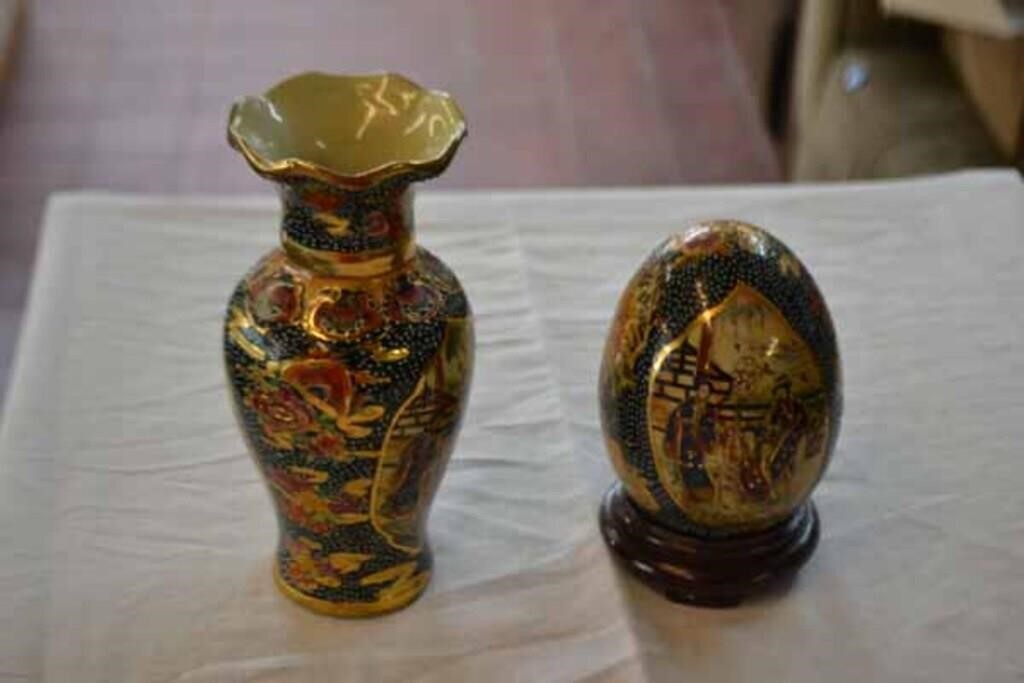 Vintage Satsuma Vase and Egg on Stand