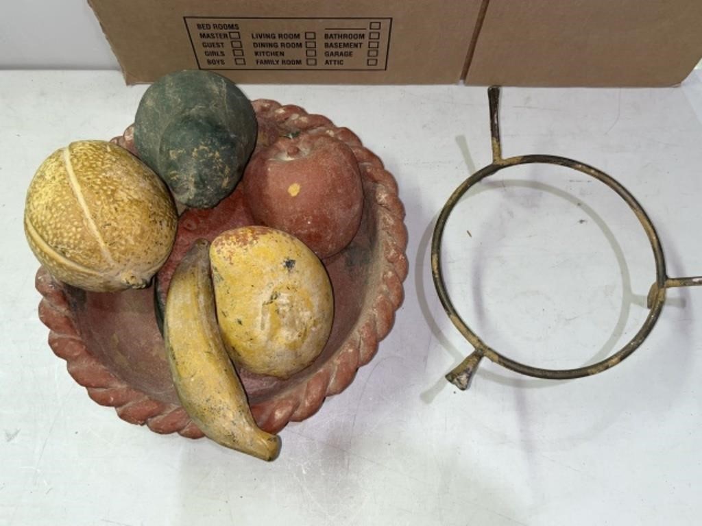 POTTERY BOWL w METAL STAND & POTTERY FRUIT