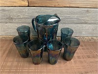 Vintage Blue Carnival Harvest Pitcher & 6 Glasses