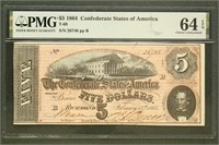 CSA Paper Money 1864 $5 Five Dollar Note T-69 CU64