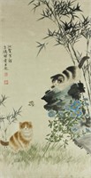 Chinese WC Cat Painting Scroll Wang Xuetao 1903-82