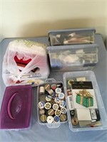 Sewing box of material, thread, & misc