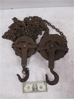 2 Antique Heavy Duty Pulleys w/ Hooks & Chain