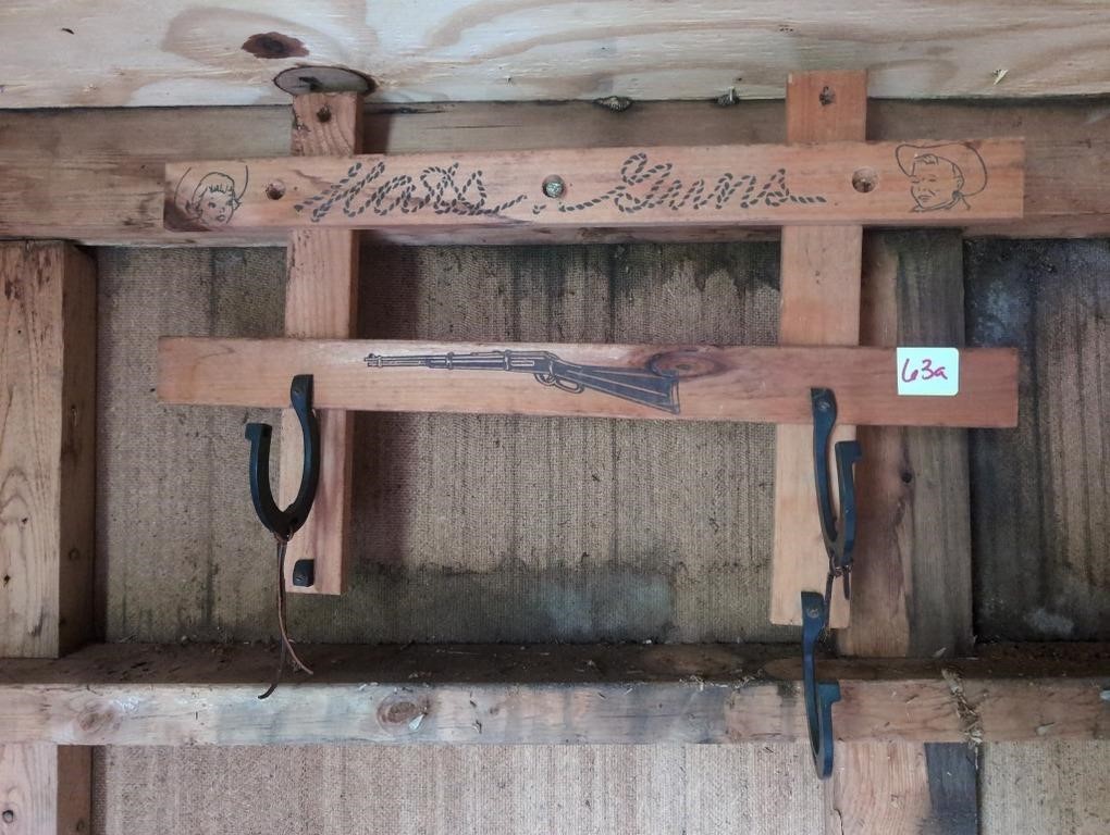 Vintage child's hats and guns wood gun rack