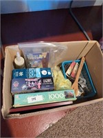 Box of misc. Items- puzzles, picture, light