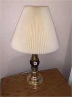 BRASS LAMP AND SHADE, 28" TALL