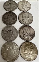 (8) FRANKLIN HALF DOLLAR SILVER 50 CENT COINS