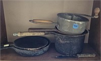 4 Iron Pans, Pocket Knife and Strainer Lot