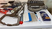 Vise grip, pipe cutter, drywall blades, file