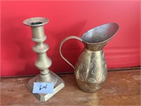 BRASS PITCHER AND CANDLE HOLDER