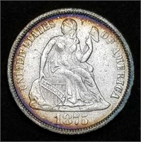 1875 Seated Liberty Silver Dime, High Grade