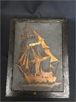 Etched Metal Ship in Wooden Frame