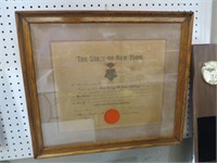 FRAMED STATE OF NEW YORK AWARD JUNE 12 1900