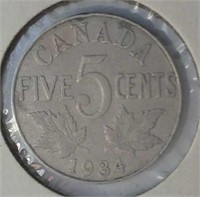 1934 Canada 5 Cents VF20 King George V