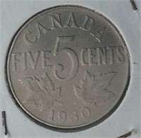 1930 Canada 5 Cent F-12 King George V