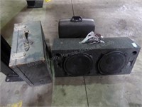 2 speaker boxes w/ speakers & typewriter