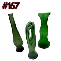Vintage Green Glass Vase Lot: Artistic Trio
