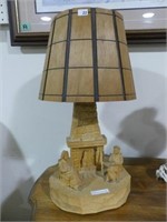 CARVED WOOD BASE TABLE LAMP - SIGNED LUCIEN ROW..?