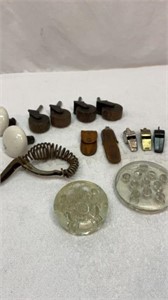 Whistles, cast iron handle, old wood wheels, etc